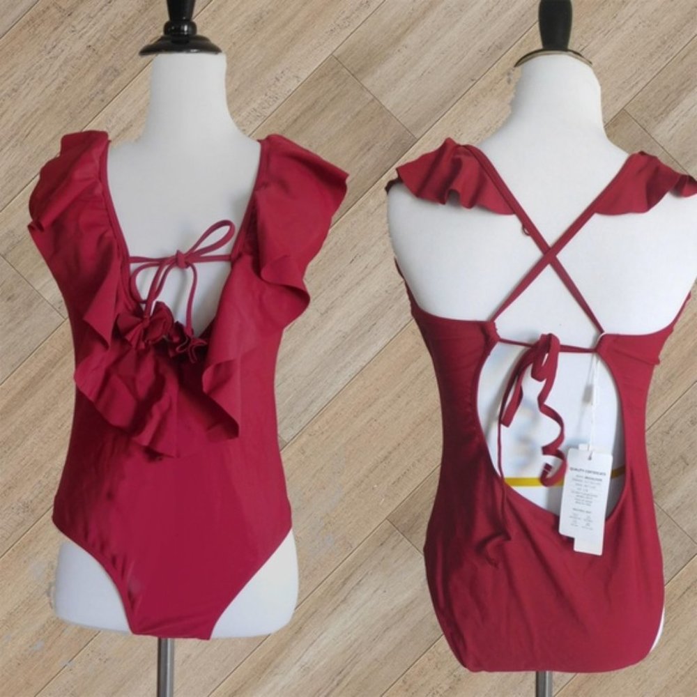 CRANBERRY RUFFLE ONE PIECE SWIMSUIT